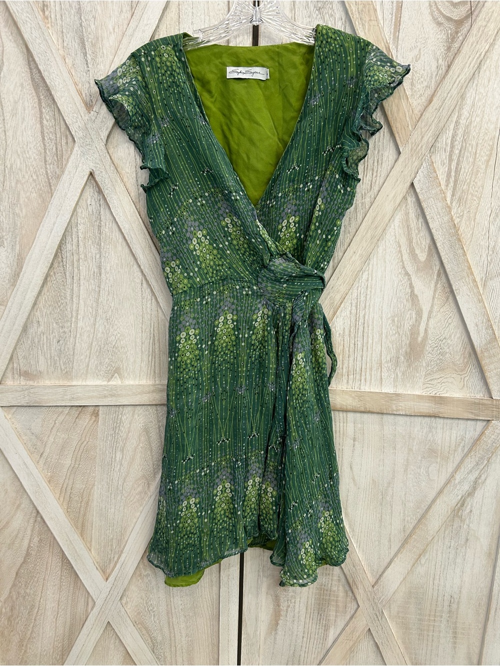 Sophia Eugene Silk Emerald Green Floral Wrap Mini Dress